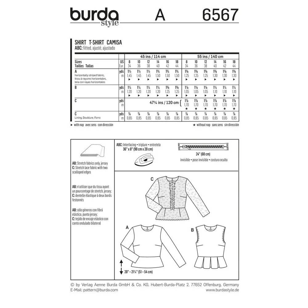 Burda Sewing Pattern 6567 Shirt Blouse Misses Size 8-18 UNCUT‎